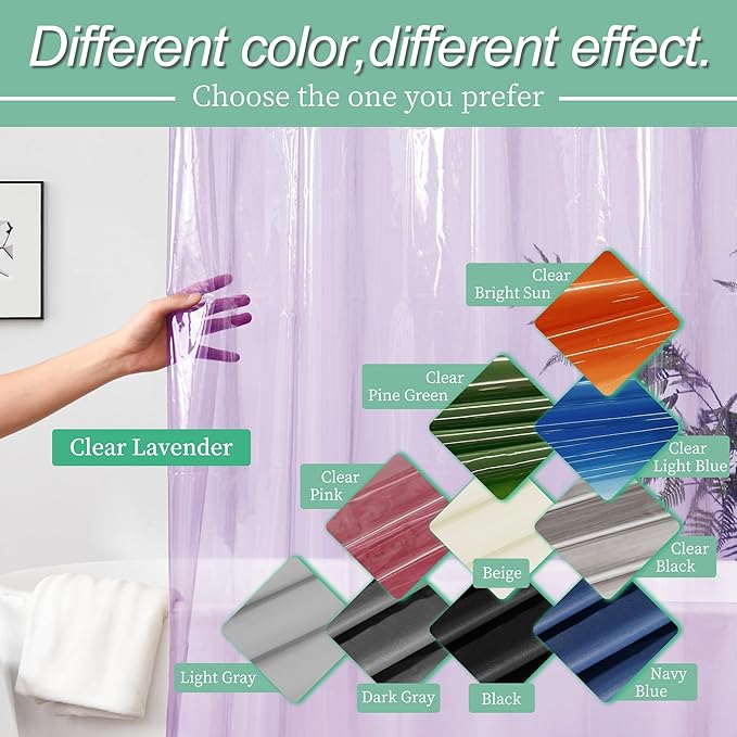 Mrs Awesome Clear Lavender Shower Curtain Liner with 3 Magnets, 72x72 Premium Flexible Sturdy Plastic Shower Curtain for Bathroom Lightweight & Waterproof, Clear Lavender