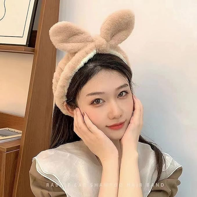 Cute Face Wash Headband & Wristbands Set - 1 Kawaii Skincare Headband with 2 Microfiber Spa Wrist Bands, Premium Sewing Soft & Absorbent Head Bands for Washing Face Makeup Hair Care (Khaki)