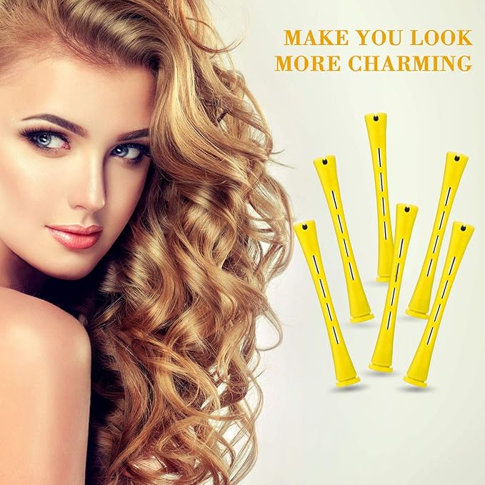 WILLBOND 96 Pcs Hair Perm Rods Plastic Cold Wave Perming Rod for Short Long Hair Curlers Heatless Roller with 2 Steel Pintail Rat Tail Comb for Hairdressing Styling Tool(0.28 Inch/ 0.7 cm,Yellow)