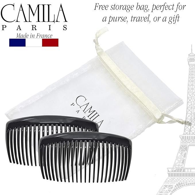Camila Paris French Side Combs Large 2 Colors Each Curved French Twist Hair Combs Decorative, Strong Hold Hair Clips for Women Bun Chignon Up-Do, No Slip Styling Girls Hair Accessories, Made in France