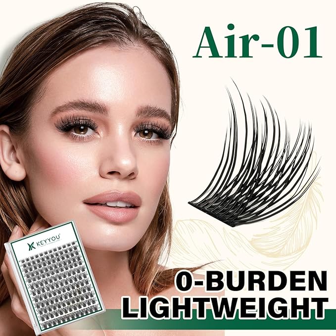 KEYYOU Lash Clusters 144pcs Individual D Curl 10mm Air Touch Cluster Lashes Super Lightweight Soft Wispy Comfortable Easy DIY at Home