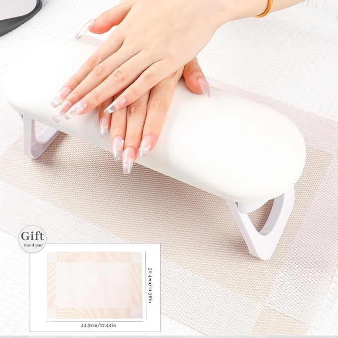 Nail Arm Rest, Professional Foldable PU Leather Nail Hand Rest with PVC Table Mat for Acrylic Nails, Soft Nail Hand Pillow Non-slip for Manicure Salon Use (higher-White)