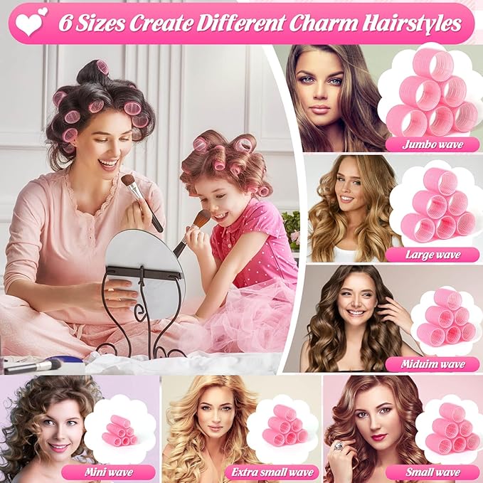 6 Size Hair Rollers for Women, 62 Pcs Rollers Hair Curlers for Long Medium Short Hair, Large Medium Small Self Grip Hair Rollers with 36 Rollers 24 Stainless steel Clips 1 Storage Bag