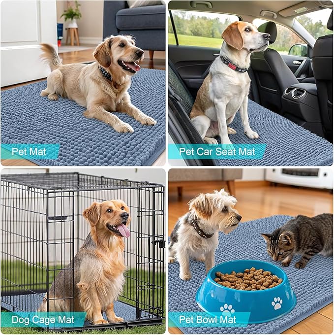 OLANLY Dog Door Mat for Muddy Paws 59x24, Absorbs Moisture and Dirt, Absorbent Non-Slip Washable Doormat, Quick Dry Chenille Mud Mat for Dogs, Entry Indoor Entryway Carpet for Inside Floor, Airy Blue
