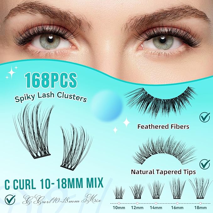 Manga Lash Clusters Kit 168pcs C Curl Fairy Eyelash Extension Individual Lashes Bond and Seal Waterproof,Eyelashes Glue Remover,Lash Applicator for Volume Anime Lashes Cluster(Spiky,C-10-18mm Kit)