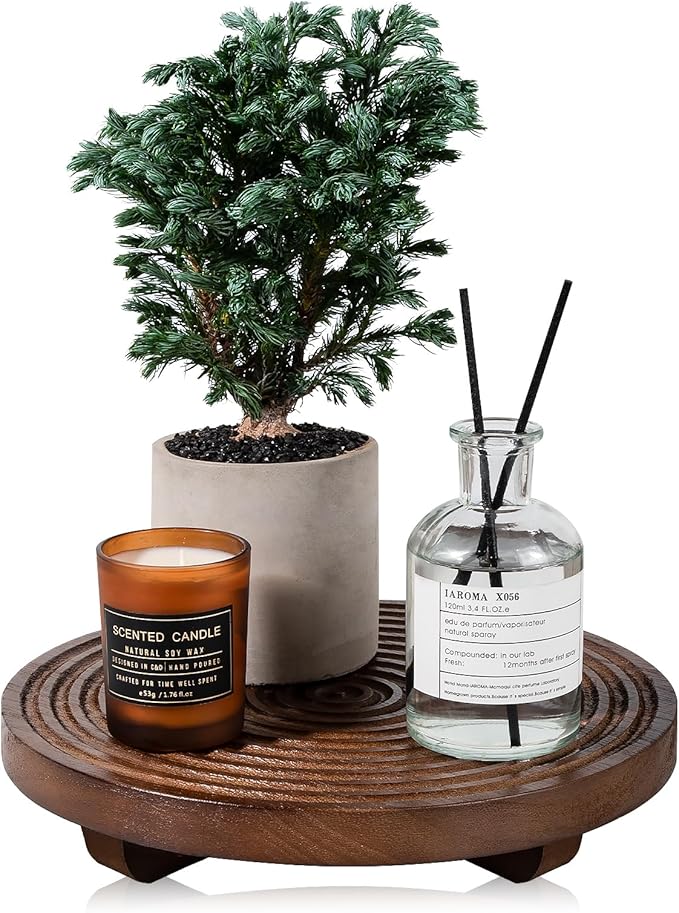 Round Decorative Tray Farmhouse Bathroom Decor Wood Riser Kitchen Countertop Organizer for Perfume, Candle, Plant, 9 inch Walnut