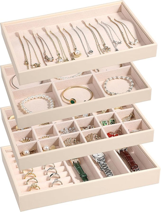 LANDICI Stackable Jewelry Organizer Trays 4 Set,PU Leather Jewelry Organizer Drawer,Jewelry Storage Display Tray for Earring Necklace Rings Bracelet with Removable Dividers,Apricot