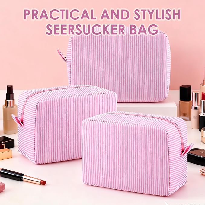 Sanwuta 6 Pcs Seersucker Cosmetic Bag Bulk Pinstripe Makeup Bag for Women Aesthetic Cute Travel Toiletry Organizer Preppy Storage Pouch for Wedding Bridesmaid Christmas Gift (Large,Pink)