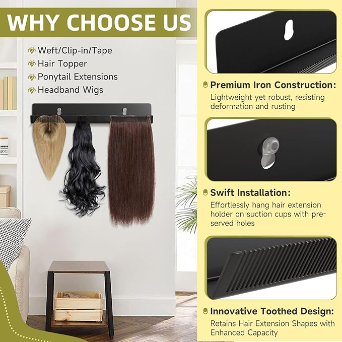 Hair Extension Hanger - Black Holder for Styling, Washing, Drying, Braiding, Display Rack for Clip-in, Wefts, Tape, Bundles, Hair Topper, Organizer/Storage