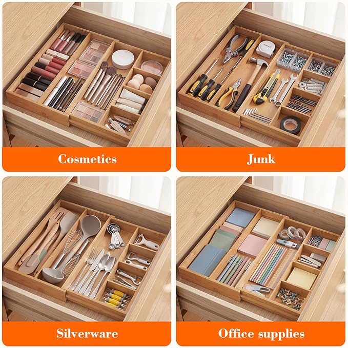1 Pcs Bamboo Desk Drawer Organizer Wood 2 Inch Height Expandable Drawer Organizer Trays with 7 Adjustable Compartments Desk Accessories for Makeup Silverware Office Bathroom(Wood, Stylish)