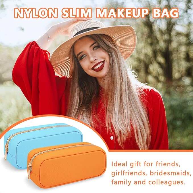Nylon Slim Cosmetic Zipper Pouch, Preppy Makeup Brush Bag Compact Makeup Pouch, Waterproof Zipper Purse Travel Coin Storage Bag for Women Girls Teens (Orange)