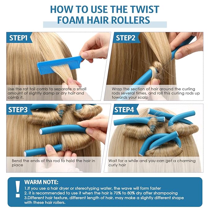 Syhood 30 Pcs Flexible Curling Rods 9.45 Twist Foam Rollers Soft Foam No Heat Hair Rods Rollers and 1 Steel Pintail Comb Rat Tail Comb for Women Long Short Hair(Blue,9.45 x 0.47 Inch)