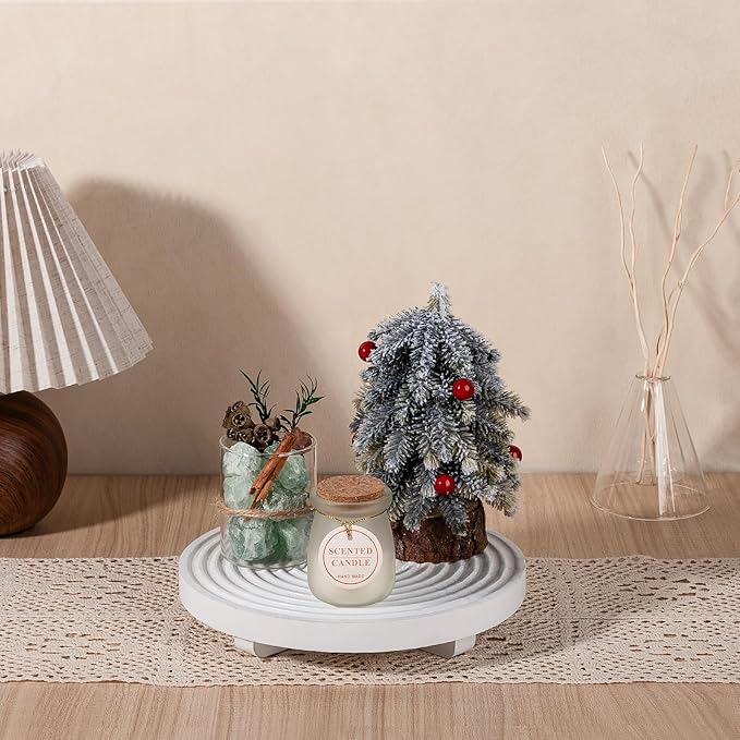 Round Decorative Tray Framhouse Bathroom Decor Wood Riser Kitchen Countertop Organizer for Perfume, Candle, Plant, 9 inch White
