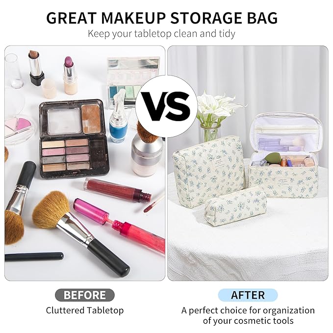 senbowe Floral Makeup Bag, 3 Pack Large Cotton Quilted Makeup Bag Set, Cute Floral Coquette Aesthetic Toiletry Bag Make Up Cosmetic Bag for Women, Toiletry Travel Make Up Organizer Bag