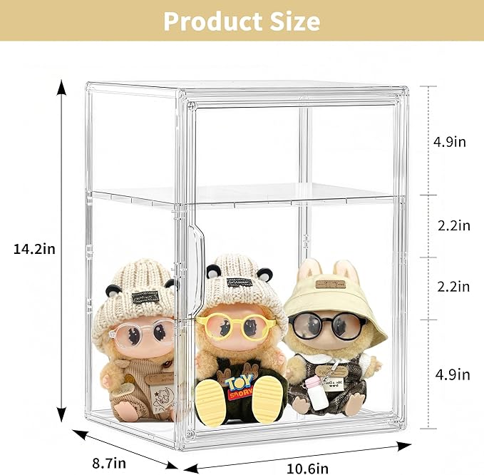 Acrylic Display Case for Collectibles, Clear Storage Bin with 3 Adjustable Layers and 1 Removable Divider, Stackable Clear Storage Box with Magnetic Door for Figures, Home or Office,Large