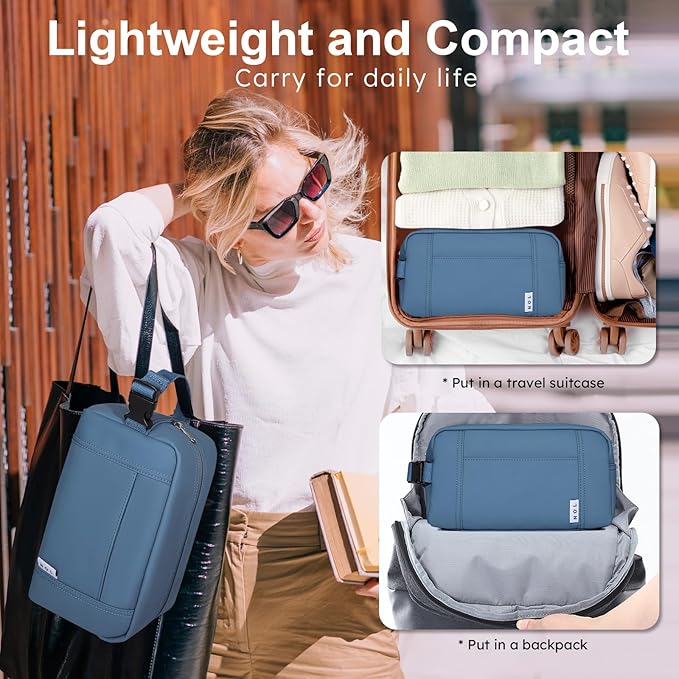 NOL Natural Organic Lifestyle Nylon Waterproof Makeup Bag Lightweight Travel Toiletry Bag for Adults, Reusable, Zip Closure with Buckle Handle, Snack Bag, Travel Cosmetic Bag, Dusty blue