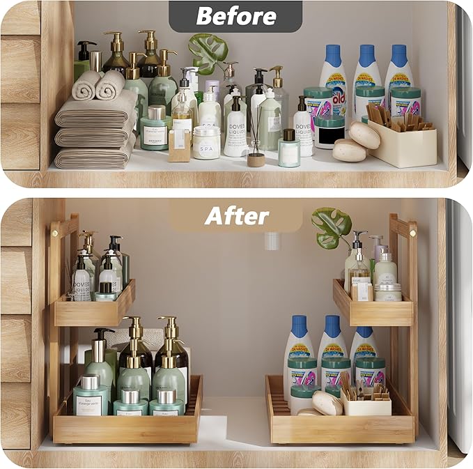Bamboo Under Sink Organizer and Storage, 2 Tier Pull Out Cabinet Organizer, Slide Out Under Sink Storage Shelf, Undersink Organizers Shelves for Kitchen Bathroom Organization