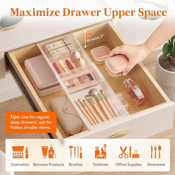 Lifewit 2 Pack Sliding Makeup Drawer Organizer Trays with Inserts, Extendable Hanging Desk Drawer Divider, Fits 13-20" Deep Drawers for Vanity, Office, Kitchen, Translucent