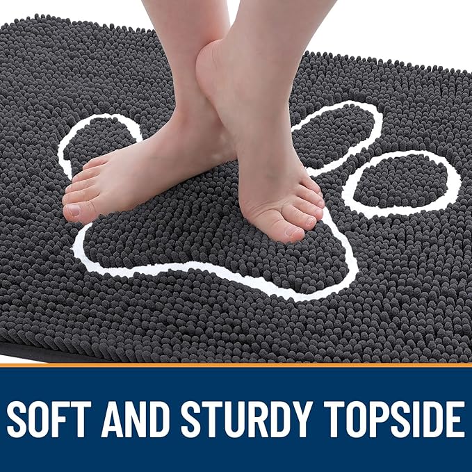 OLANLY Dog Door Mat for Muddy Paws 70x32, Paw Print Design, Absorbs Moisture and Dirt, Absorbent Non-Slip Washable Doormat, Quick Dry Chenille Mud Mat for Dogs, Entry Indoor Entryway Carpet, Dark Grey