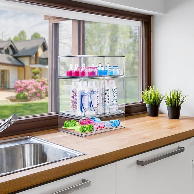 Sorbus Stackable Acrylic Storage Drawers, 2 Pack Clear Plastic Organizer Bins for Baby Bottles, Makeup, Bathroom, Vanity & Countertop Organization, Pull-Out Drawer Design for Cabinets & Pantry