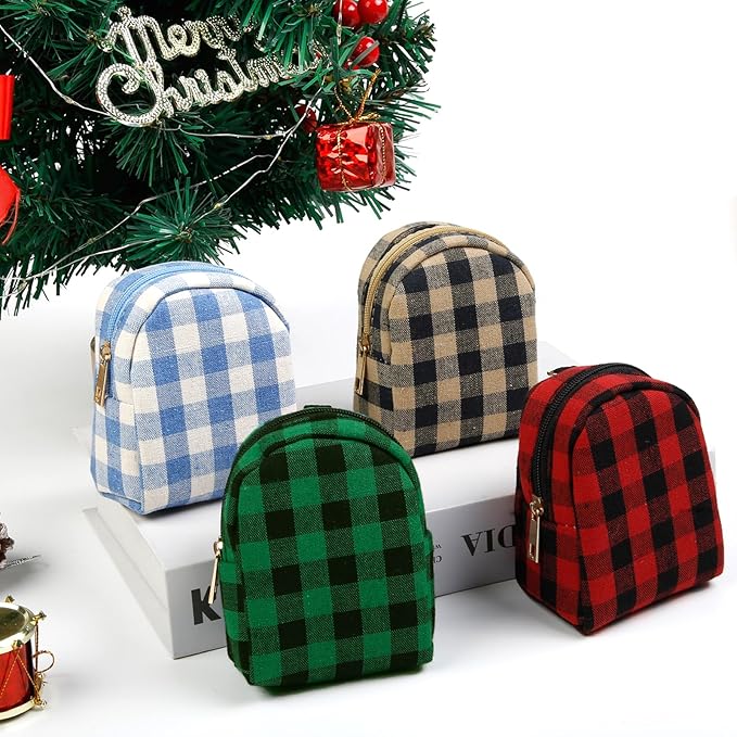 4Pcs Mini Backpack Keychain,Cute Cosmetic Bag for Women,PU Leather Makeup Bag Key Pocket Lipstick Bag Card Holder Data Cable Organizer Zipper Pouch (Christmas Series)