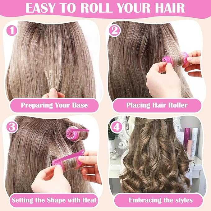 12 Piece Hair Roller Set with Clips, Self Grip Hair Rollers Hair Curler for Long Medium Short Hair, Random Color (2.5cm)