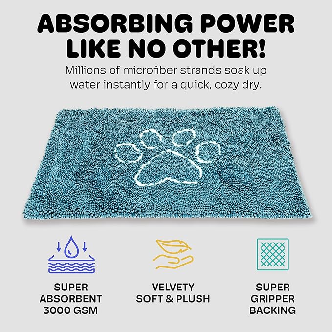 Dog Gone Smart Dirty Dog Doormat - Fast Drying Rug with Super Gripper Backing for Clean Floors - Super Absorbent and Machine Washable Mat for Muddy Paws - Pacific Blue