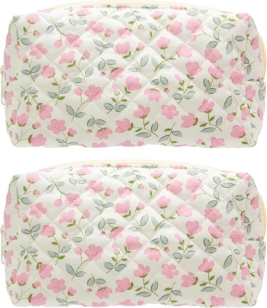 PAZIMIIK 2PCS SET Vintage Quilted Makeup Bag Cosmetic Pouch for Brushes Pencils and Travel Make Up Accessories for Women and Girls Flower White