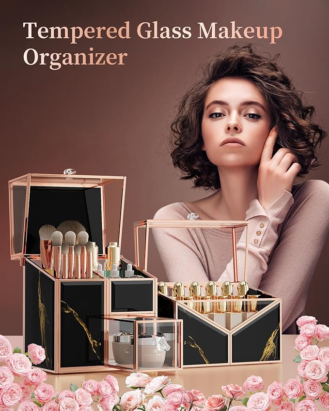 black makeup organizer – Vanity Holder with 18-Slot Lipstick Organizer & Covered Makeup Brush Holder – Skincare, Perfume & Cosmetic Display for Bathroom or Dresser