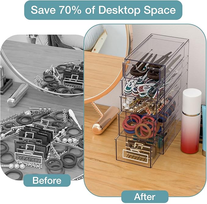 Noverlife Clear Containers for Hair Accessory Organizing, Plastic Hair Accessory Organizer Box with 5 Drawers, Hair Accessory Container, Storage Organization Drawers Set for Hair Ties Accessory