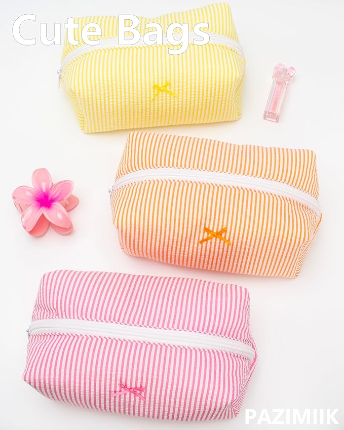 PAZIMIIK 6PCS Cozy Makeup Bag Small Aesthetic Travel Zipper Cosmetic Pouch for Women Make Up Beauty Accessories Brushes, Stripe Hotpink