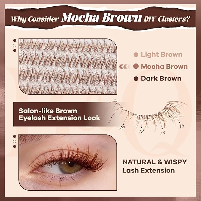 B&Q Brown Lash Clusters Natural Lash Clusters for Light Hair, Reusable MochaLash Cluster Eyelash Extensions Soft Brown False Eyelashes Comfortable Eyelash Clusters Perfect for Occasions（MochaLash 01）