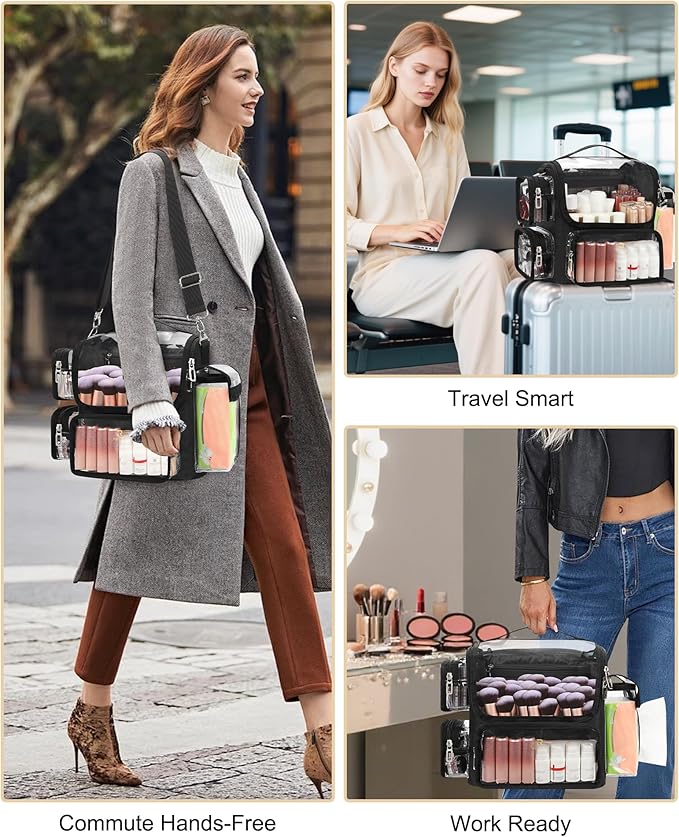 TANTO Makeup Brush Bag, Clear Makeup Case Large Portable Cosmetic Organizer Bag Professional Makeup Artist Bags Travel Cosmetic Train Case with Adjustable Dividers & Strap, Easy to Clean