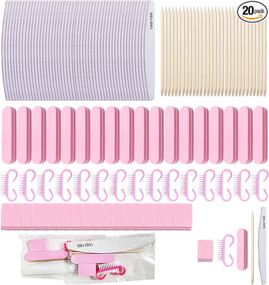 20 Sets Disposable Manicure Kit, Portable Basics 5 Pieces Nail Kit, Mini Buffer Block Nail File, Handle Grip Brush, Wood Stick Press On Nail Tool Kit for Acrylic and Natural Nails