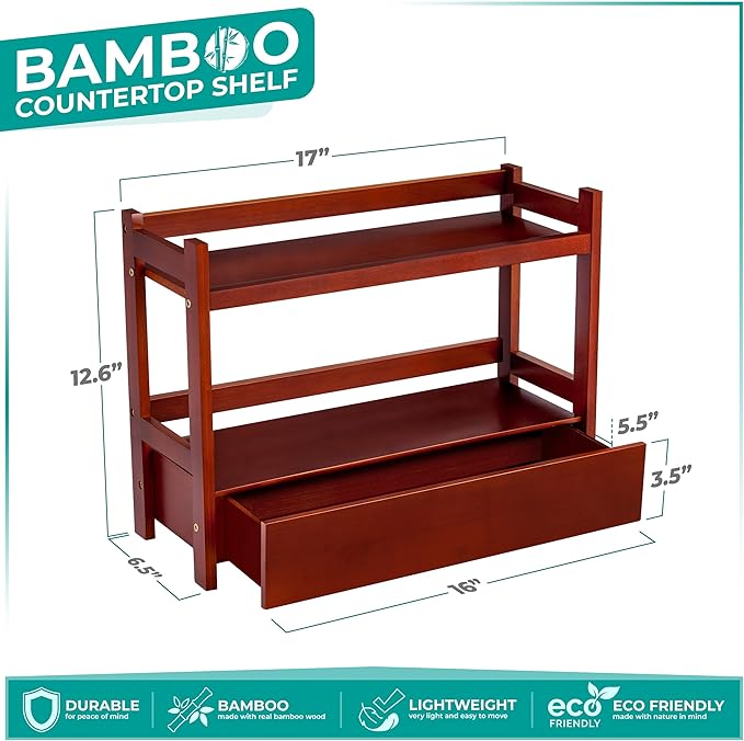 Sorbus Bamboo Bathroom Counter Organizer – 2-Tier Shelf with Hidden Drawer for Vanity, Matcha Station, Bathroom Sink Organizer Countertop, Kitchen & Office Storage (17″ L x 6.5″ W x 12.6″ H) (Brown)