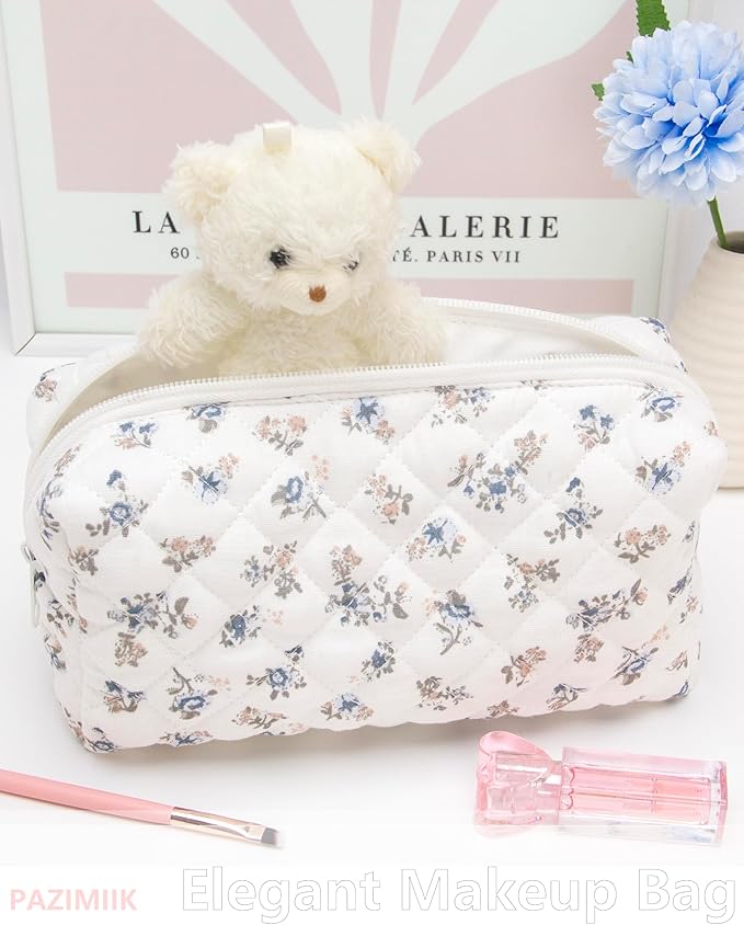 PAZIMIIK Vintage Quilted Makeup Bag Cosmetic Pouch for Brushes Pencils and Travel Make Up Accessories for Women and Girls Gauze Hyacinth