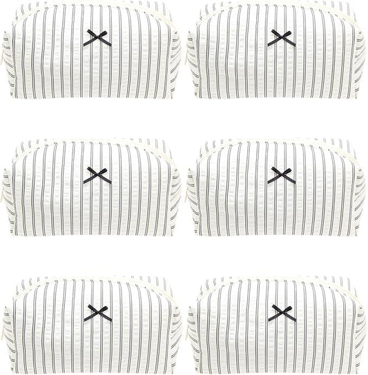 PAZIMIIK 6PCS Cozy Makeup Bag Small Aesthetic Travel Zipper Cosmetic Pouch for Women Make Up Beauty Accessories Brushes, Stripe Black