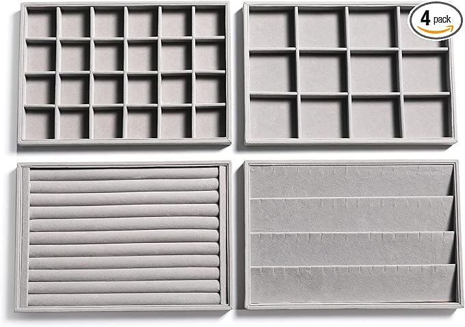 Frebeauty Stackable Velvet Jewelry Organizer Trays for Drawers Inserts Jewelry Storage Tray Display Case Earrings Bracelets Necklace Rings Accessories Trays for Women(Set of 4)(Grey).