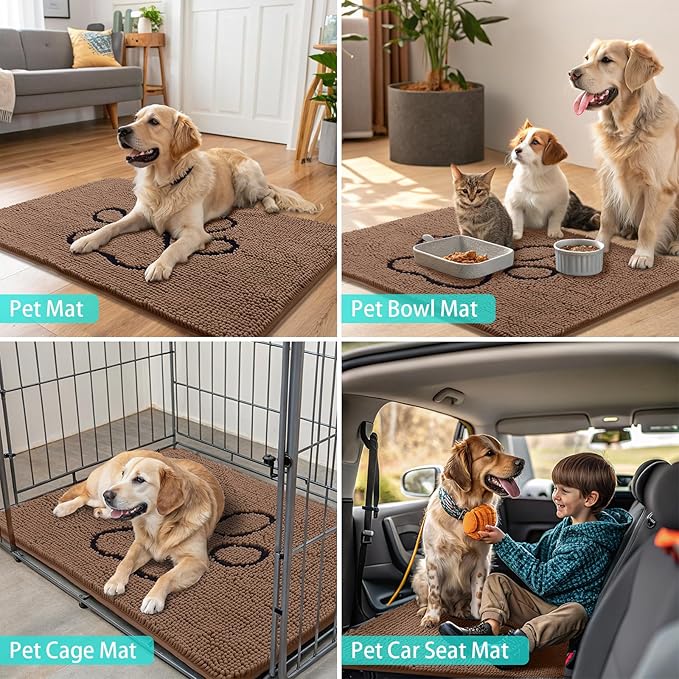 Smiry Dog Door Mat for Muddy Paws, Absorbent Dirt Trapper Non Slip Quick Dry Washable Chenille Mat for Mud Dogs, Entry Rug for Indoor and Outdoor (36x24 Inches, Camel and Black)