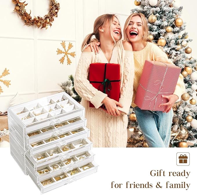 Lolalet Earring Holder Organizer Box Jewelry Storage with 6 Drawers, Clear Acrylic Stackable Earring Case with Adjustable Velvet Trays for Women on Dresser Vanity -Warmwhite, 6 Layers