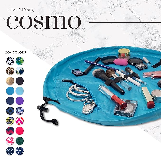 Lay-n-Go Cosmo Layflat Drawstring Cosmetic & Makeup Bag Organizer w/Zipper Pocket, Brush Loops & More, Cinch to Close, Lay Flat to Use, Durable, Machine Wash, Travel Toiletry Bag (20", Ocean Blue)