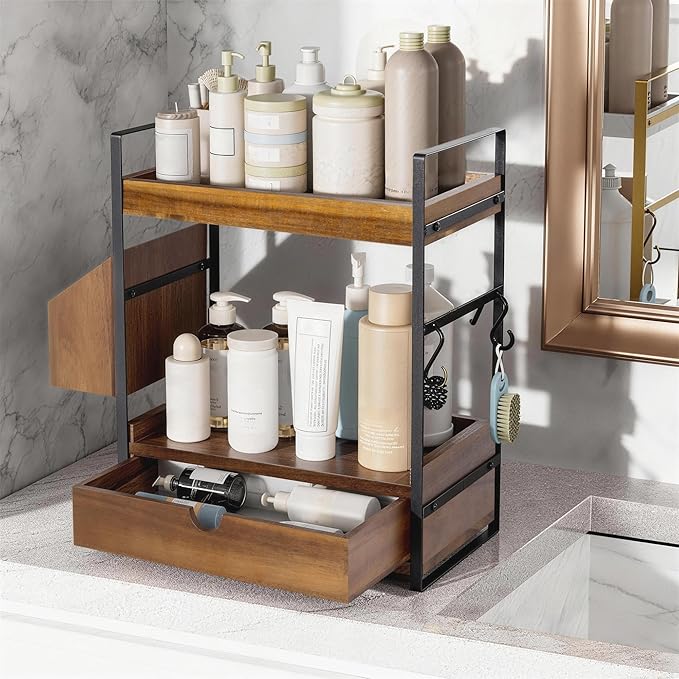 2-Tier Bathroom Counter Organizer with Drawer and Basket, Acacia Wood Countertop Organizer for Storage, Skincare Organizers for Vanity, Counter Shelf for Bathroom Organization(Acacia wood-Dark Brown)