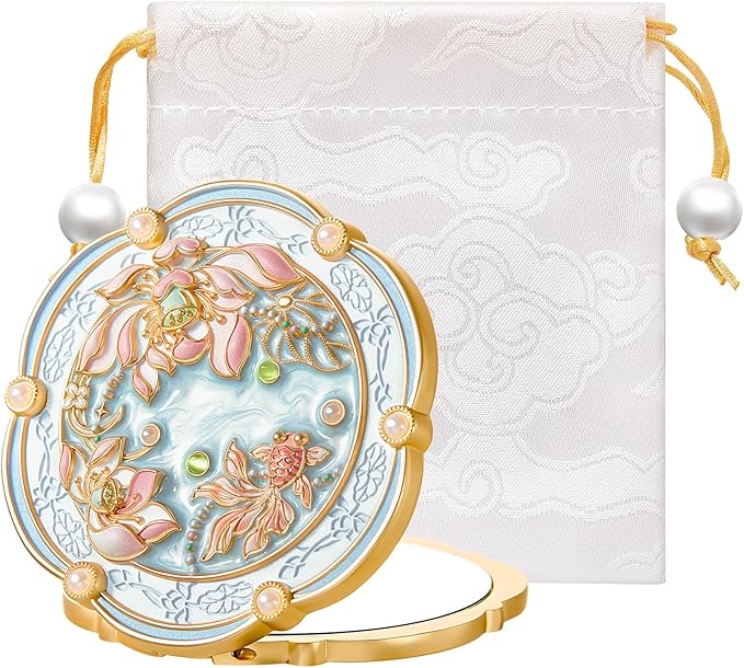 Lotus Bloom Compact Mirror, Small 2X Magnifying Makeup Mirror for Purse Pocket, Mini Portable Folding Blue Mirror, Chinese Style Gift for Women Girls