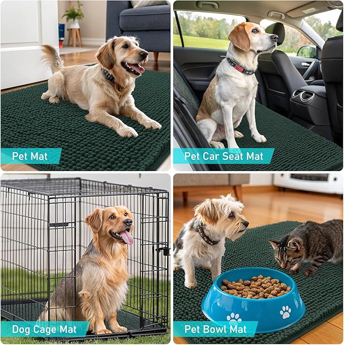 OLANLY Dog Door Mat for Muddy Paws 54x24, Absorbs Moisture and Dirt, Absorbent Non-Slip Washable Doormat, Quick Dry Chenille Mud Mat, Entry Indoor Entryway Carpet for Inside Floor, Blackish Green