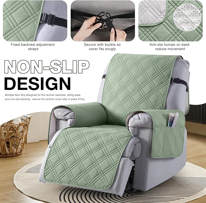 TAOCOCO Waterproof Recliner Chair Covers 30 Inch Wide, Oversized Recliner Covers for Recliner Chair with Pocket, Recliner Slipcovers with Straps Furniture Protector for Kids Pets (30'', Sage Green)