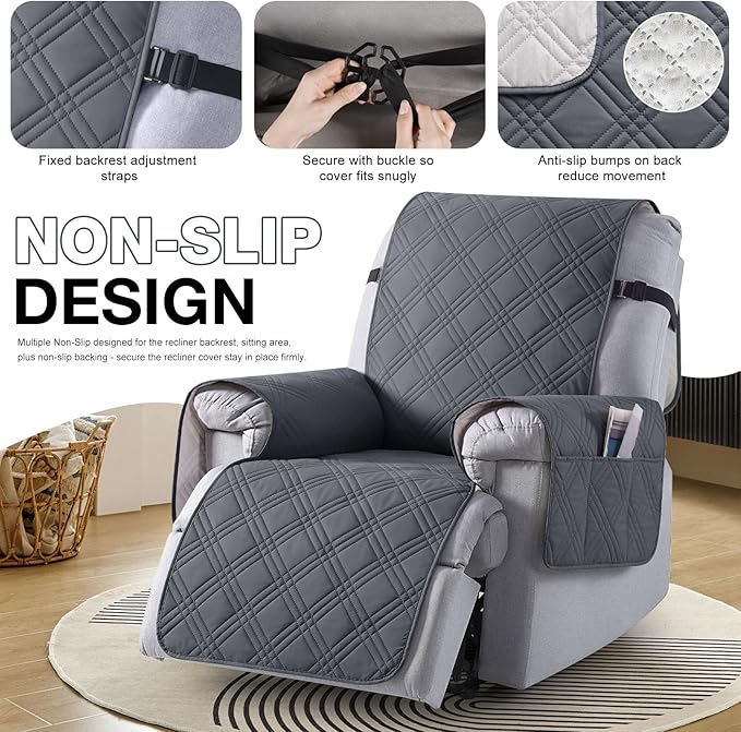 TAOCOCO 100% Waterproof Recliner Chair Covers, Non Slip Recliner Covers for Recliner Chair with Pocket, Washable Reclining Chair Cover Furniture Protector for Kids,Dogs(22'', Dark Grey)