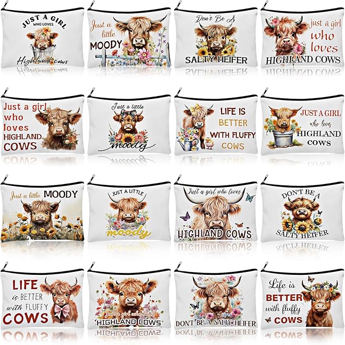 Pinkunn 16 Pcs Valentines Canvas Makeup Bags Bulk Inspirational Christian Women Religious Galentine Gifts Inspirational Bible Verse Pencil Pouch Makeup Bags with Zipper for Travel(Highland Cow)