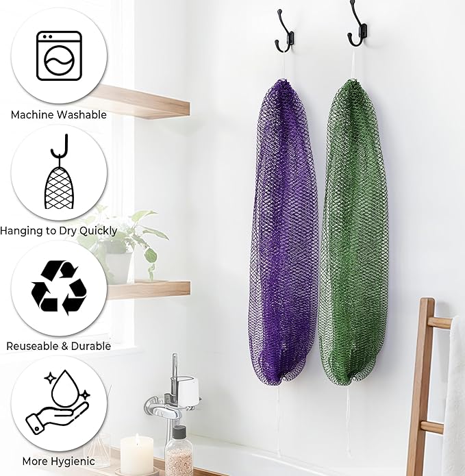 Authentic African Net Sponge 2 Pieces - Back Scrubber for Body - Seawave & Lilac Exfoliating Washcloth with Knots for Shower - Shower Exfoliator for Women Self Care Body Loofah Bath Essentials