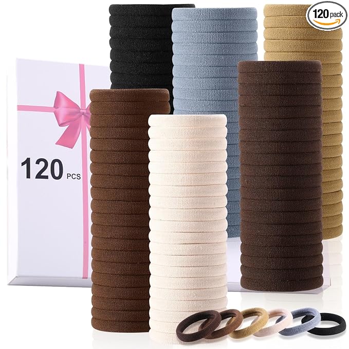 LuSeren 120 Pcs No Damage Hair Ties for Thick Hair, Large Soft Seamless Nylon Hair Elastics for Women, Ponytail Holders, Hair Accessories – Neutral Colors