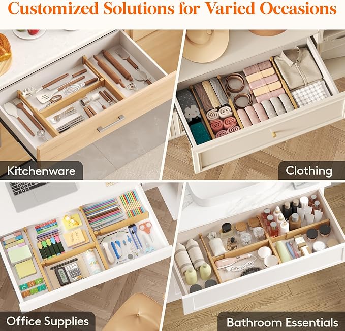 Lifewit 4 Pack Bamboo Drawer Dividers 2.4" High, 13-16.5" Kitchen Drawer Organizers, Adjustable Wooden Drawer Dividers for Clothes, Expandable Drawer Separators for Dresser, Bedroom, Bathroom, Cabinet